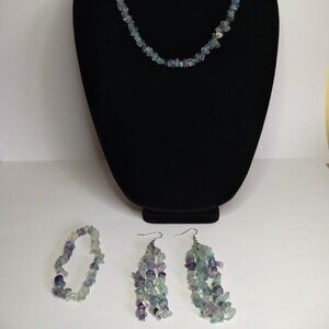 Purple Green Stone Dangle Earring Bracelet Necklace Set Western Boho Hippie